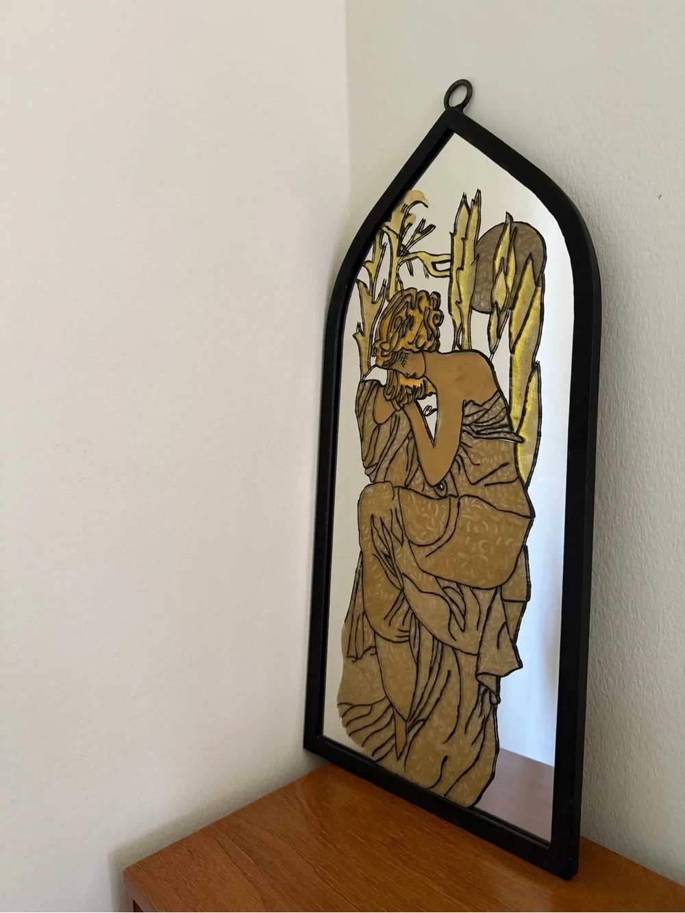 Vintage Gold and Black Glass Wall Mirror with Art Nouveau Figure